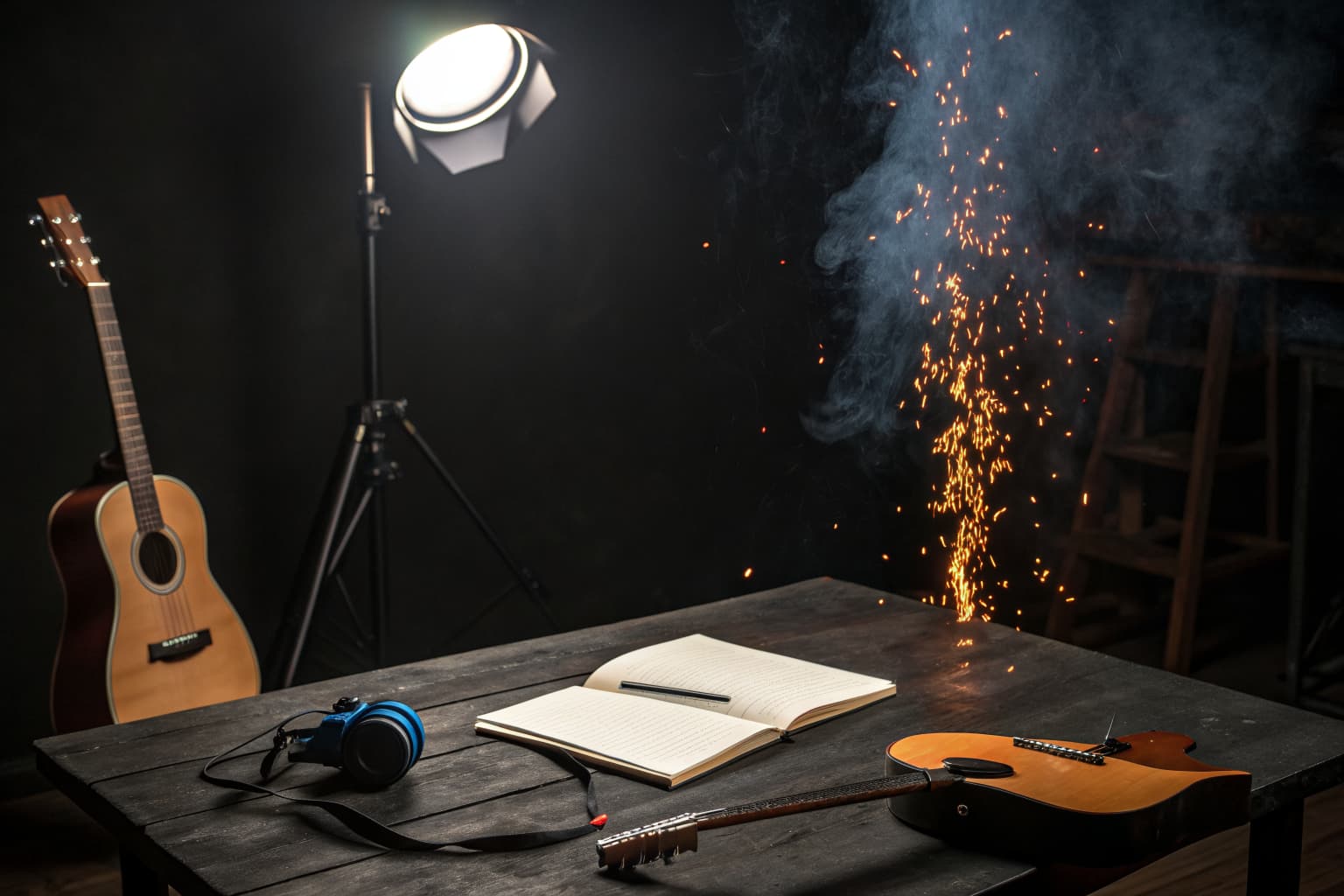 A songwriter's workspace with guitar and open notebook under electric blue and fire orange light