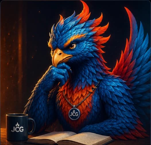 Phoenix Rising, seated in thought with an open book